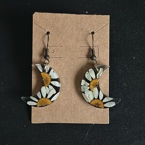 Floral Daisy Crescent Moon Earrings